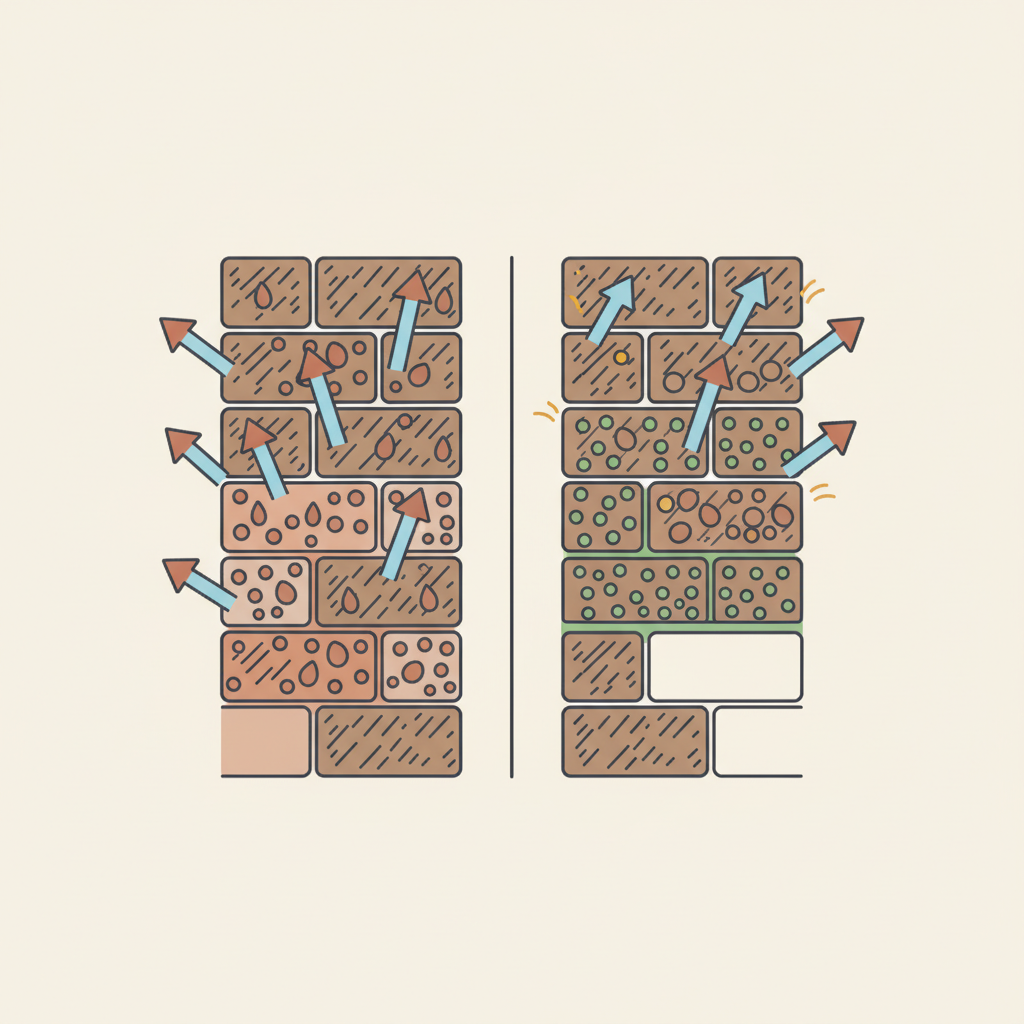 Doorsnede van een bakstenen gevel: links onbehandeld met vochtinfiltratie, rechts behandeld met hydrofuge impregnatie die water afstoot