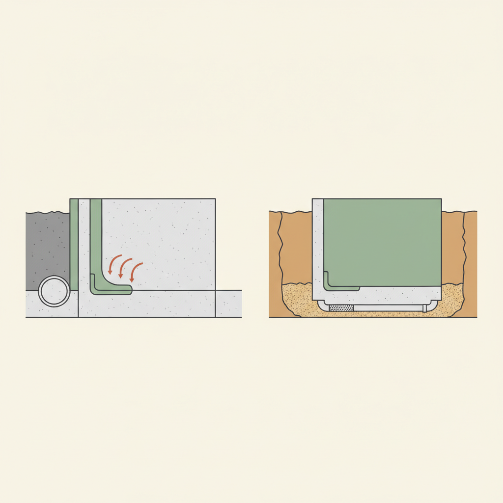 Vergelijking van kelderdichting langs de binnenzijde (cuvelen) en langs de buitenzijde met drainage