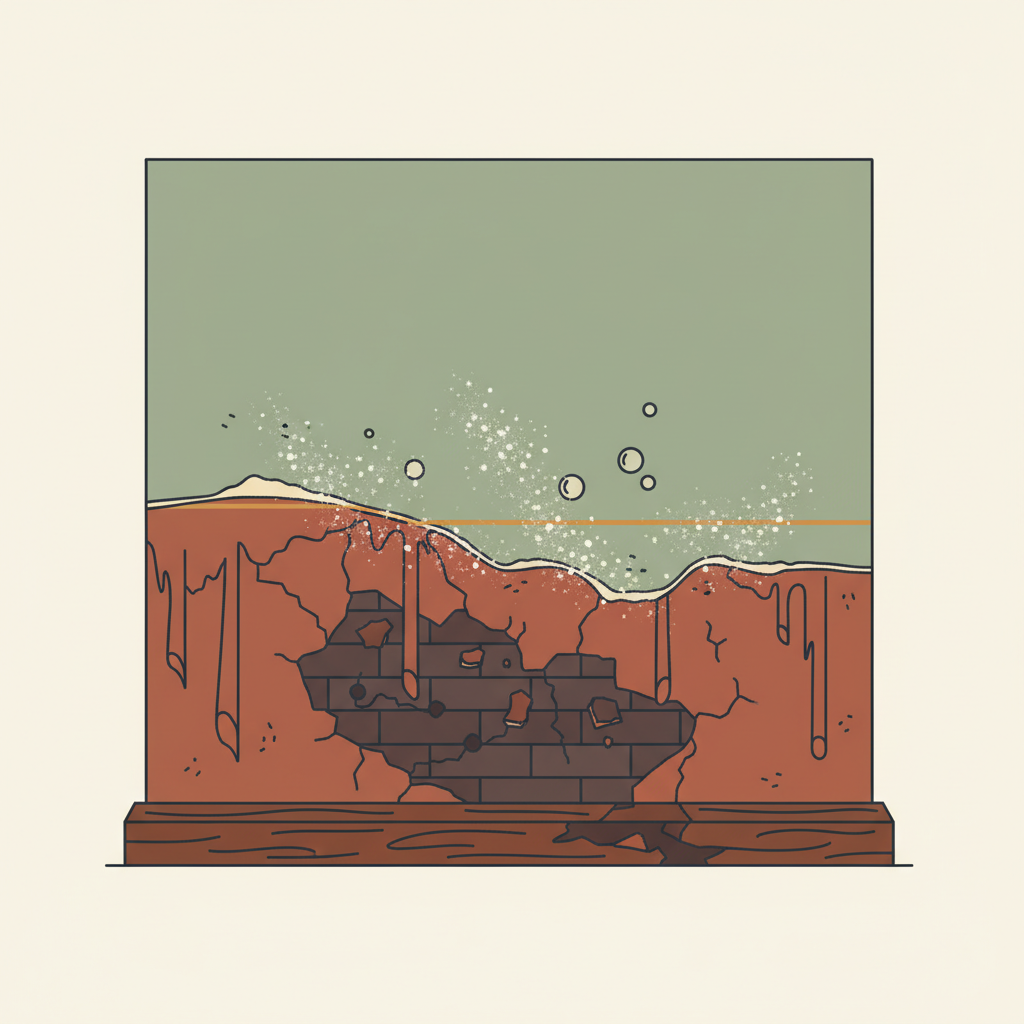 Symptomen van opstijgend vocht: afbladderende verf, witte zoutuitbloeiingen en een duidelijke horizontale vochtlijn tot circa 1 meter hoogte