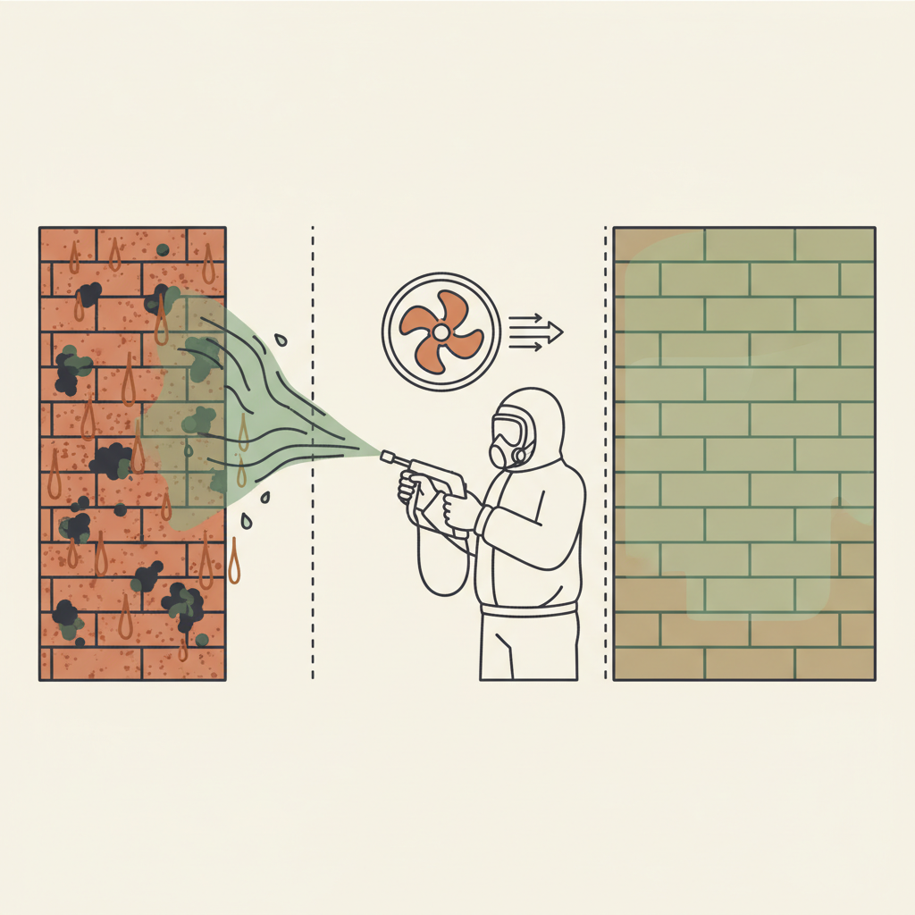 Professioneel schimmelbehandelingsproces: schimmelmuur, behandeling met antischimmelmiddel en beschermde muur na behandeling