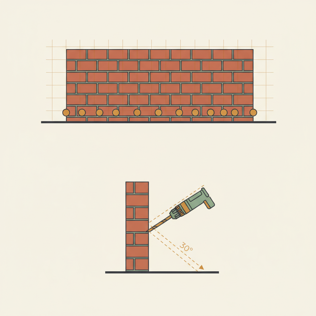 Technisch diagram van het boorpatroon voor muurinjectie: afstand van 10-12 cm, hoek van 30 graden, 5-10 cm boven vloerniveau