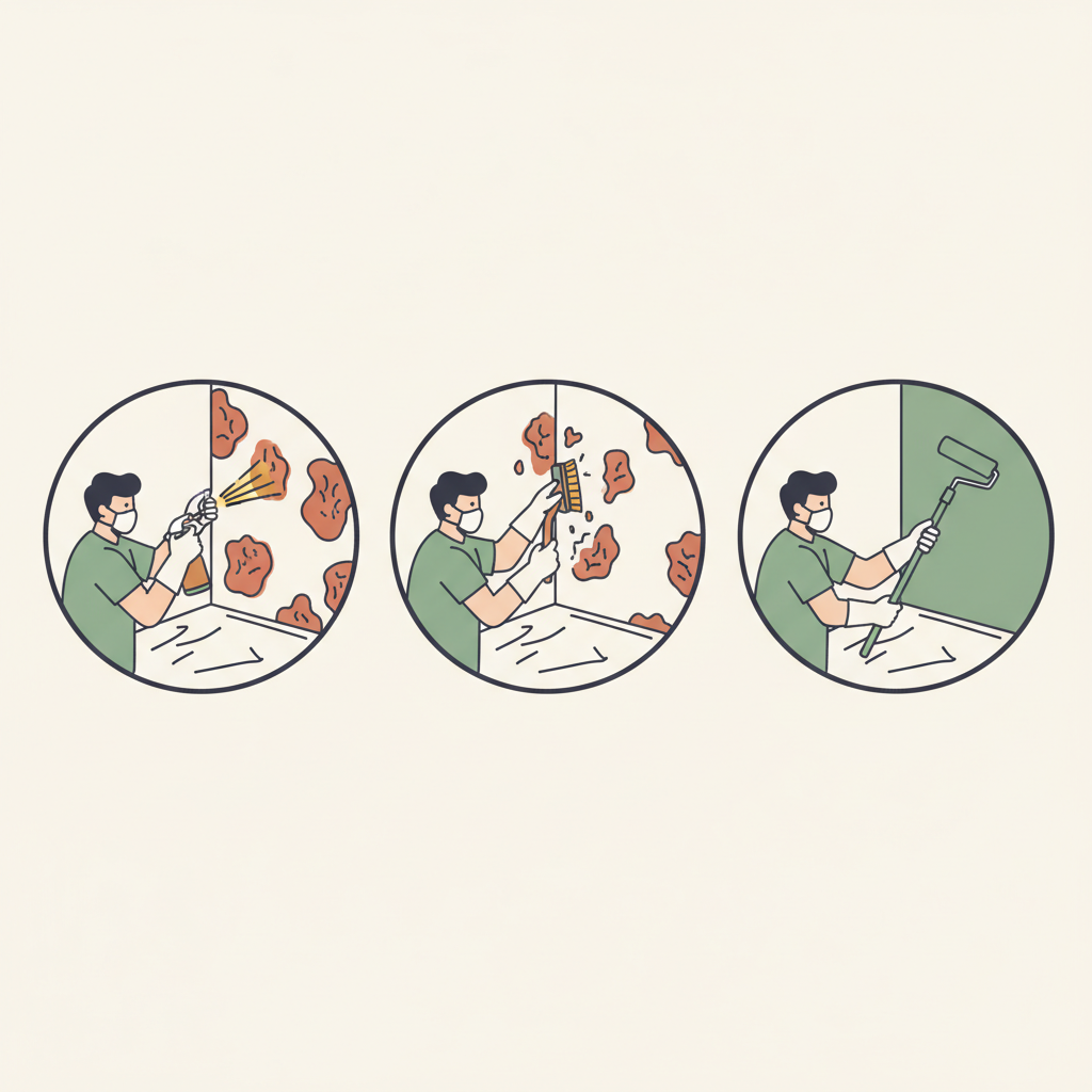 Drie stappen om schimmel van een muur te verwijderen: spray aanbrengen, schrobben en preventieve coating aanbrengen