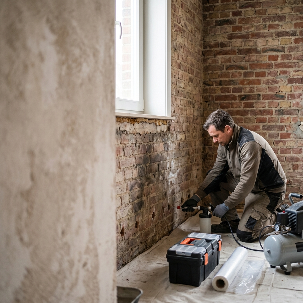 Vochtspecialist behandelt een vochtige bakstenen muur in een Belgische woning