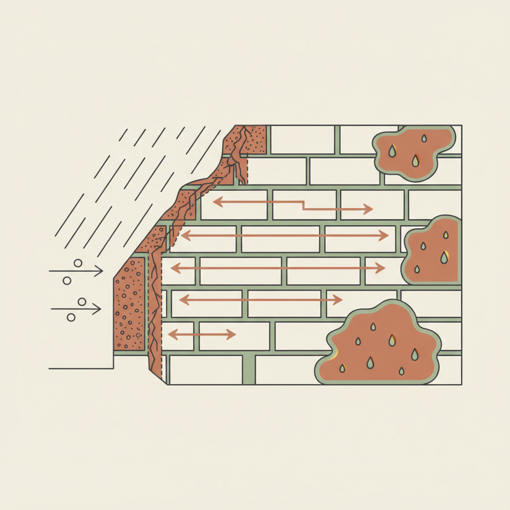 Doorsnede toont hoe regenwater door beschadigd voegwerk en poreuze bakstenen van buiten naar binnen dringt