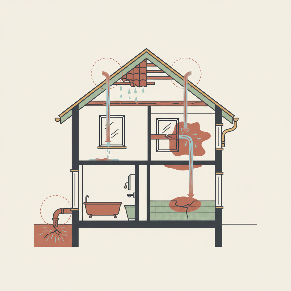 Doorsnede van een woning met vier types lekkage: daklek, leidingbreuk in muur, badkamerlek en ondergrondse leidingbreuk