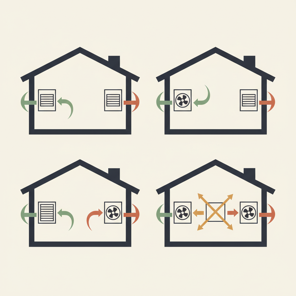 Vergelijking van vier ventilatiesystemen: systeem A (natuurlijk), B (mechanische toevoer), C (mechanische afvoer) en D (mechanisch met warmteterugwinning)