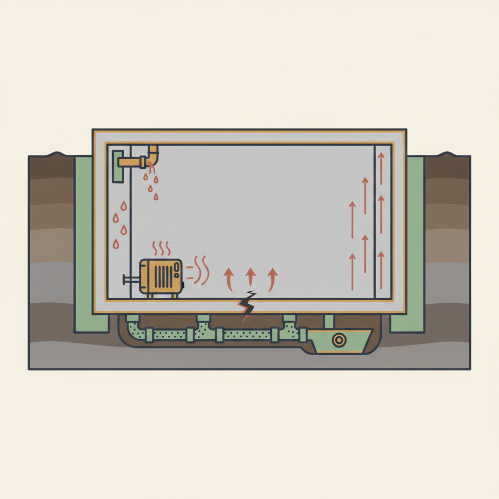 Doorsnede van een kelder met vier vochtbronnen: grondwaterinfiltratie, condensatie, opstijgend vocht en leidinglekkage